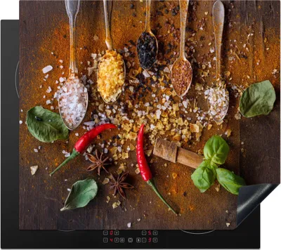 Produktbild von KitchenYeah© Herdabdeckplatte Löffel - Kräuter - Chili - Gewürze - Salz , 58x51cm, Küche Deko, Glaskeramikkochfeld Herdabdeckung, Abdeckplatte fùr Kochfeld