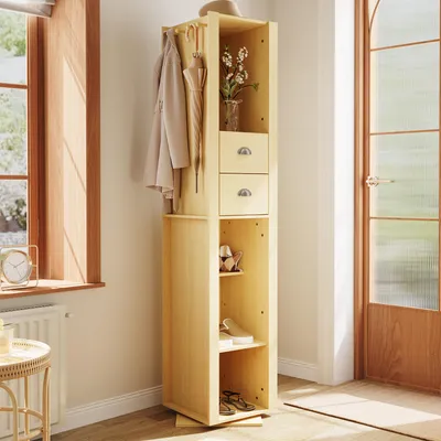 Produktbild von 4-in-1 Drehbarer Kleiderschrank mit Ganzkörperspiegel 35x35x164.5cm Naturholz, Garderobe Schuhschrank mit Haken & Schubladen aus MDF für Eingang