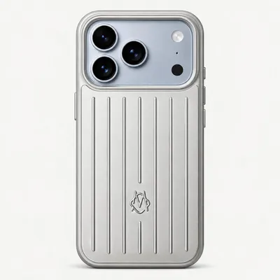 Zdjęcie produktu dla Etui na iPhone 18 Pro Max z aluminium, w stylu RIMOWA, kolor srebrny, Obraz wygenerowany przez AI