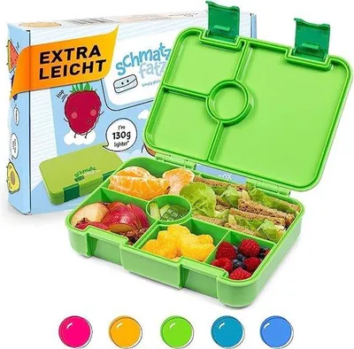 Zdjęcie produktu dla Pudełko na jedzenie dla dzieci Unyqoos® z przegródkami – lunchbox z tritanu i silikonu, wolny od BPA, szczelny, lekki (ok. 350 g), można myć w zmywarce, kolor: zielony