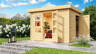 Produktbild von Karibu Gartenhaus Gerätehaus Retola 2 inkl. Anbauschrank naturbelassen 288x217x211 cm