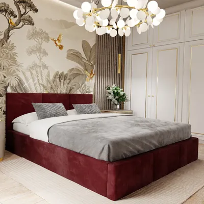 A bedroom scene with a bed, wardrobe, and decorative wallpaper.