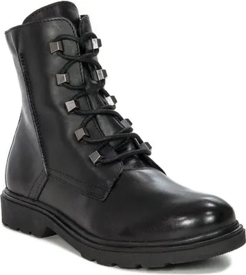 A black leather boot is shown against a white background.