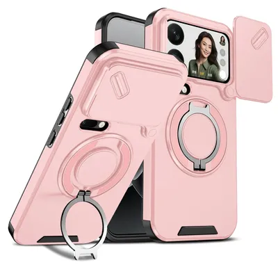 Produktbild von Handyhülle für Xiaomi 18 Pro Max Dual-Layer Stoßfest Militär Hülle mit Dia Kameraschutz, Magnetisch Ring Ständer Pink