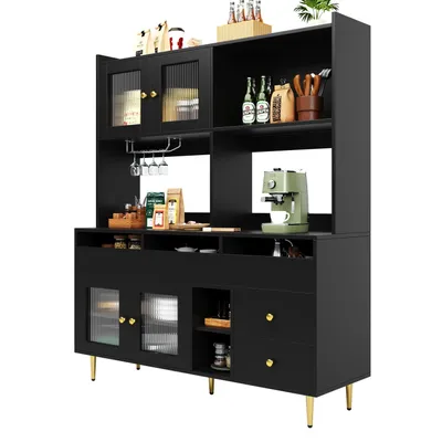 Produktbild von Restaurant-Hochschrank(Schwarz,145x39x171cm)mit Changhong-Glastür,Weinglasregal,mehrschichtiger Stauraum,mit Golddekoration,geeignet für Restaurants