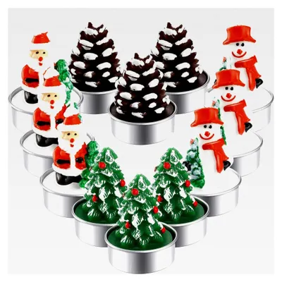 Produktbild von 12 Stück Weihnachts-Teelichter, handgefertigt, Weihnachtsmann, Schneemann, Eichel, Baumkerzen für Weihnachten, Heimdekoration, Geschenke (Stil H)