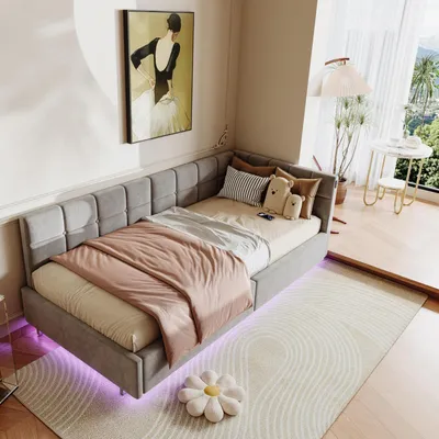 Obrázok produktu pre Jednolôžková posteľ 90x200 cm, čalúnená posteľ z velúru, sivá, s úložným priestorom a LED osvetlením, s USB portom
