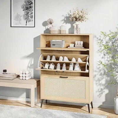 Imagen del producto de Zapatero de ratán, estrecho, zapatero de madera, con 3 puertas, elegante zapatero de madera con puertas de ratán, ideal para recibidores, pasillos o salones (80 x 24 x 114 cm)