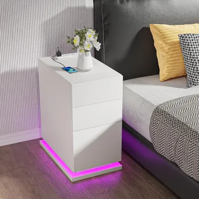 Produktbild von Schmaler Nachttisch mit Steckdose & USB,Nachttisch LED mit 3 Schubladen,Weiß Front Hochglanz Nachtkommode Beistelltisch für Schlafzimmer 50x30x63cm