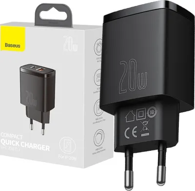 Produktbild von Baseus Compact Quick Charger / ładowarka, USB-C + USB-C, 20W, czarna
