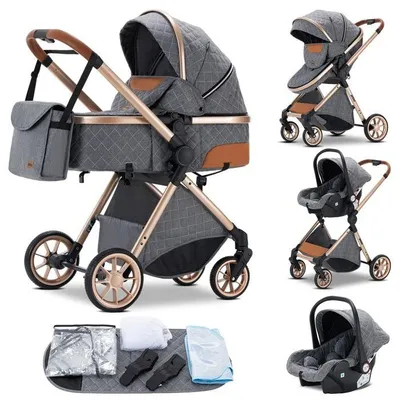 Imagen del producto de Cochecito de paseo tipo paraguas, alta calidad, 3 en 1. Cochecito combinado para bebé: incluye portabebés, moisés y asiento de coche. Con cesta grande. Color gris