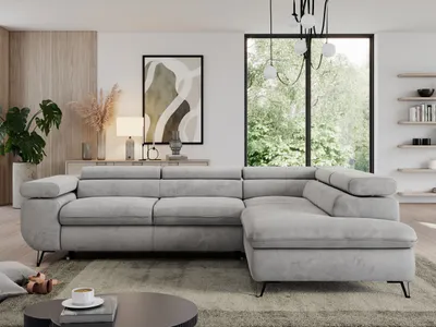Produktbild von Ecksofa mit Bettkasten, Einstellbare Kopfstützen, Schlaffunktion, Eckcouch L-form - PEDRO L - Velvet - Hellgrau - Rechts