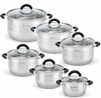 Imagen del producto de Juego de ollas de inducción de 12 piezas, con tapas de vidrio y mangos de silicona. Juego de ollas de acero inoxidable de 7 capas, apto para inducción. Juego de utensilios de cocina para todo tipo de cocinas, color plateado/ (E-4027)
