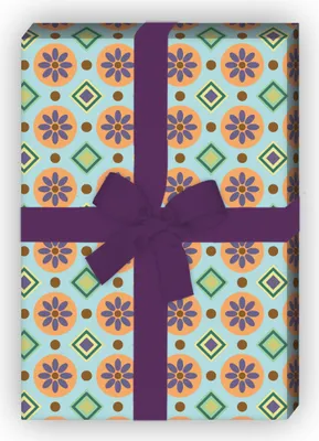 Produktbild von Retro Mosaik Geschenkpapier mit Vintage Blumen und Rauten, hellblau - G8622, 32 x 48cm