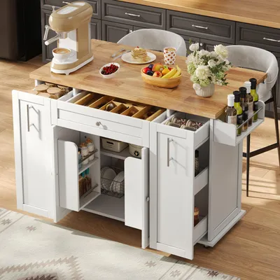 Immagine prodotto di Isola da cucina Merax, carrello con piano di lavoro pieghevole, bancone con 3 cassetti e ripiani, mobiletto contenitore con ripiano per spezie e ruote, colore bianco