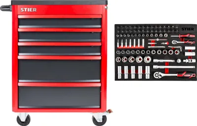 Produktbild von STIER Werkstattwagen Basic+ bestückt 92-teilig, Werkzeugwagen gefüllt, Werkstatteinrichtung