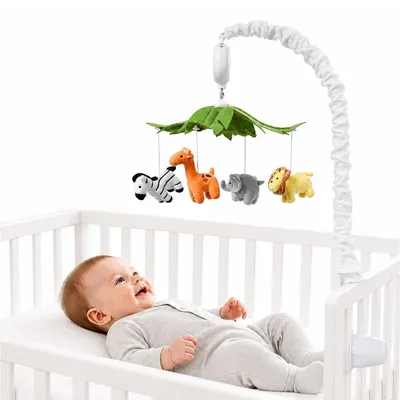 Produktbild von Baby Mobile Safari mit Musik, 12 Schlaflieder, drehbar, weiß – Spieluhr für Babybett & Kinderzimmer Deko für Jungen & Mädchen