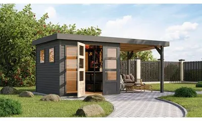 Produktbild von Gartenhaus Karibu Laharo 3,5 inkl. Anbaudach 2,4 m 491 x 262 cm grau