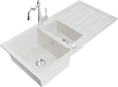 Produktbild von Mexen Andres Granitspüle 1,5-becken mit Abtropffläche und Küchenarmatur Carla, weiß - 6515-20-670700-00