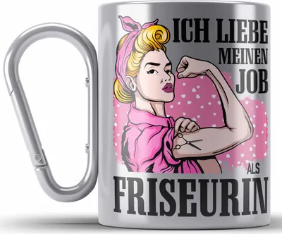 Produktbild von Trendation - Friseurin Edelstahl Tasse Karabinern Geschenk Zubehör Geschenkideen Friseursaloneröffnung Frisörin Edelstahl Tasse Karabiner Karabiner Edelstahl Tasse Karabiner Edelstahl Spruch Friseur (Silber)