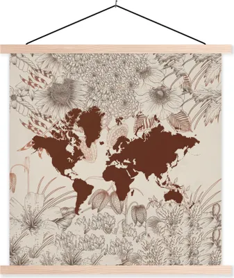 Produktbild von MuchoWow® Textilposter Weltkarte - Blumen - Rot 40x40 cm mit holzfarbenen Rahmen - Posterleiste