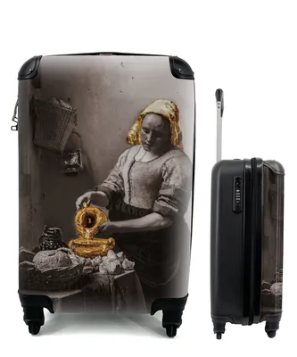 Produktbild von MuchoWow® Koffer Handgepäck Trolley Rollkoffer Kleine Reisekoffer mit 4 Rollen - Das Milchmädchen - Johannes Vermeer - Gold - Cabin Size < 55x40x23 cm & 55x40x20 cm - Fotokoffer - Kabinenkoffer - Boardgepäck - Reise-Box - Reisekoffer - Reisegepäck - Koffer mit Bild - Trolley für Kinder