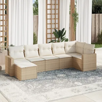 Produktbild von Design 7-tlg. Garten-Sofagarnitur mit Kissen Beige Poly Rattan, Gartensofas 2024 Neu