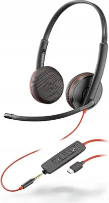 A black and red Plantronics headset with a microphone and a cable with an inline control and USB-C connector.