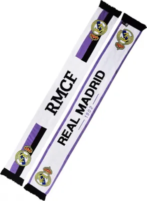 Two Real Madrid fan scarves are displayed diagonally on a white background.
