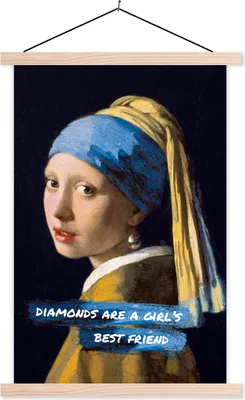 Produktbild von MuchoWow® Textilposter Vermeer - Das Mädchen mit dem Perlenohrring - Zitat 120x180 cm mit holzfarbenen Rahmen - Textil-Plakat