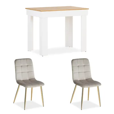 Image de Table 90x60 cm en Bois Chêne Blanc Group Salle à Manger 2 Chaises Velours Crème Table à Manger