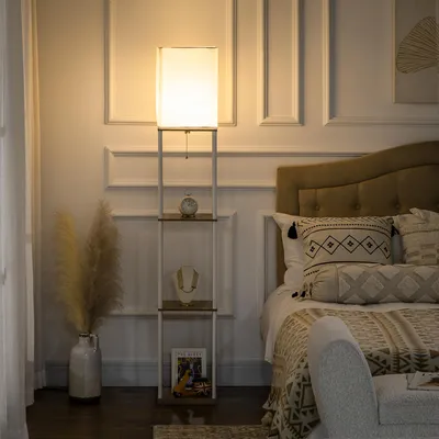 Image de Lampe sur pied, structure en métal, éclairage d'ambiance au plafond, abat-jour en MDF