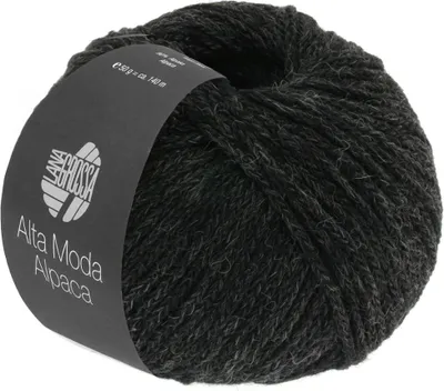 A ball of dark gray yarn with a label wrapped around it.