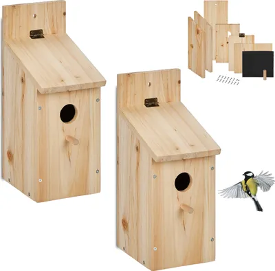 Produktbild von Relaxdays Nistkasten Bausatz Vögel, 2er Set, 32 mm Einflugloch, HBT 29,5x11,5x17 cm, Vogelhaus selber Bauen, Holz, natur