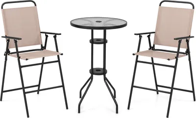 Obrázek produktu pro COSTWAY 3dílný bistro set se skleněnou deskou, 2 skládacími židlemi a 4 cm otvorem pro slunečník, béžový