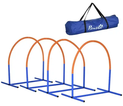 Zdjęcie produktu dla Zestaw agility dla psów, składający się z 4 przeszkodami - do treningu psów | Kolor: niebieski + pomarańczowy | Wymiary: 64x88x95 cm