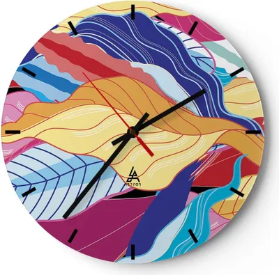Produktbild von Wanduhr - Rund - Glasuhr - Muster Blätter bunt - 30x30cm - Schleichendes Uhrwerk - Lautlos - zum Aufhängen bereit - Dekoration Modern - Wanddekoration aus Glas - C3AR30x30-4269