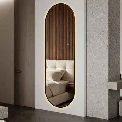 Produktbild von LED-Ganzkörperspiegel mit schwarzem Aluminiumrahmen, 3 Farbtemperaturen, dimmbar, Memory-Funktion, Silber, 150x50cm