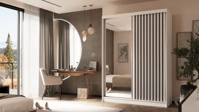 Produktbild von ALTDECOR Kleiderschrank mit Spiegel und Schiebetüren, kugelgelagerte Führungsschienen und Aluminium-Leisten - LAMELO - 160 cm - Weiß/Weiß/Schwarz