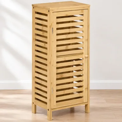 Produktbild von Badezimmerschrank Bambus mit Lamellentür, Badschrank schmal freistehend, verstellbares Fach, Naturholz | 30 x 19,9 x 70 cm | 3,5 kg | Kippschutz