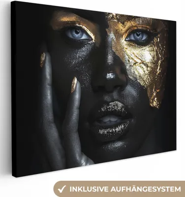 Produktbild von MuchoWow® - Leinwandbilder - Frau - Gold - Porträt - Modern - Schwarz - Abstrakt, Wandbild, Wanddeko Bilder Wohnzimmer, 80x60 cm
