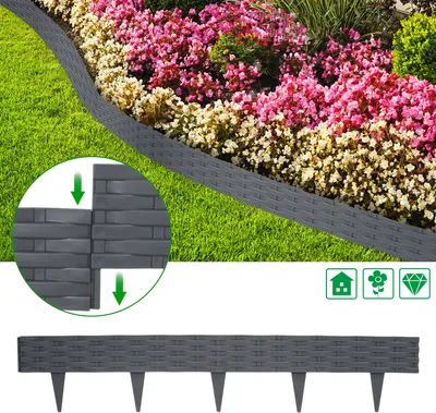 Produktbild von LZQ Rattan-Optik Rasenkanten Beeteinfassung 10m 10 Stücke Beetumrandung Gartenpalisade Mähkante Palisaden Garten Zaun Anthrazit