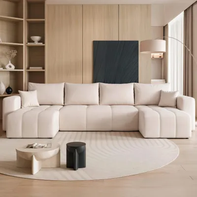Produktbild von Wohnlandschaft U-Form Orto U Manila 01 Elfenbein Samtvelours Schlaffunktion Bettkasten XXL