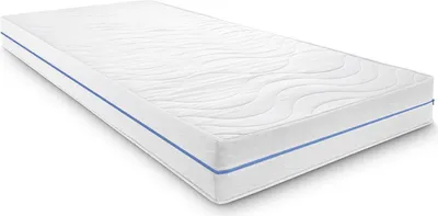 A white mattress with a blue stripe down the side, on a white background.