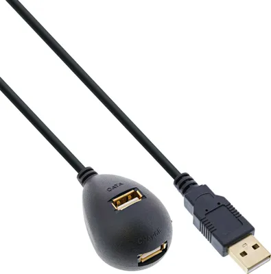 Produktbild von InLine USB 2.0 Verlängerung, ST / BU, Typ A, schwarz, mit Standfuss, 1m, 1 m, USB A, 2 x USB A, USB 2.0, Männlich/Weiblich, Schwarz