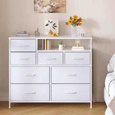 Produktbild von Kommode weiß mit 8 Stoffschubladen & offenem Fach, Stoffschubladenschrank mit Holzplatte & Metallgestell, Aufbewahrungsschrank für Schlafzimmer, Flur