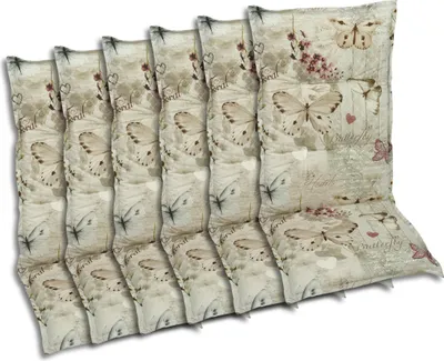 A set of chair cushions with a butterfly and floral pattern.