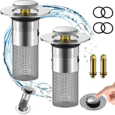 Produktbild von 2 Edelstahl-Ablaufstopfen mit Siebeinsatz, für Abflüsse mit 34–40 mm Durchmesser, Ablaufstopfen mit Siebkorb, Edelstahl-Ablaufstopfen, Ablaufstopfen mit Haarfilter