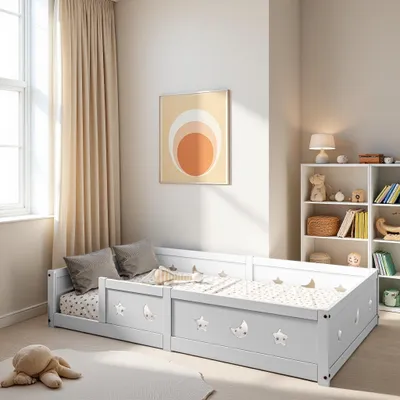 Zdjęcie produktu dla Łóżeczko dziecięce INONEFT, wymiar 140x200 cm, z barierami ochronnymi, rama z motywami gwiazd i księżyców, łóżeczko dla małych dzieci, łóżeczko Montessori, bez materaca, białe
