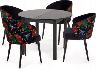 Produktbild von Esstisch mit 4 Stühlen - Runder Ausziehbarer Tisch - 102-142 cm Durchmesser - Aus Holz - 5-teiliges Set - Essgruppe - Sitzgruppe - Bunte Stühle